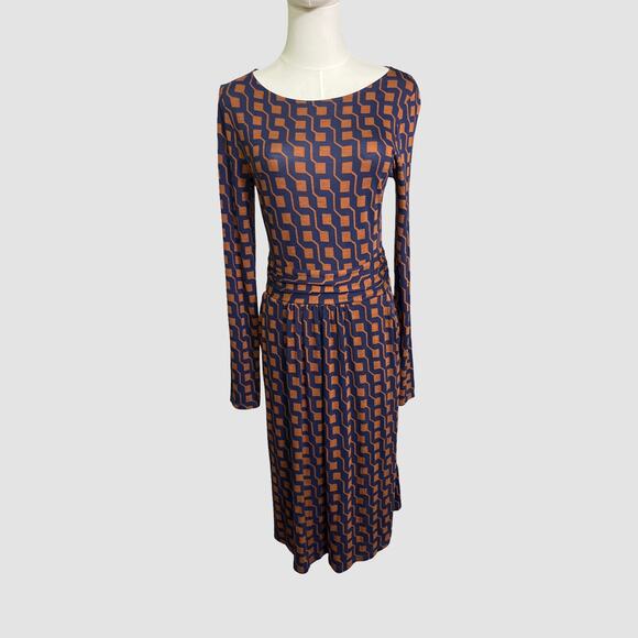 Boden Geometric Print Long Sleeve Midi Dress Blue Rust US 6R Pockets NWT - Picture 3 of 10
